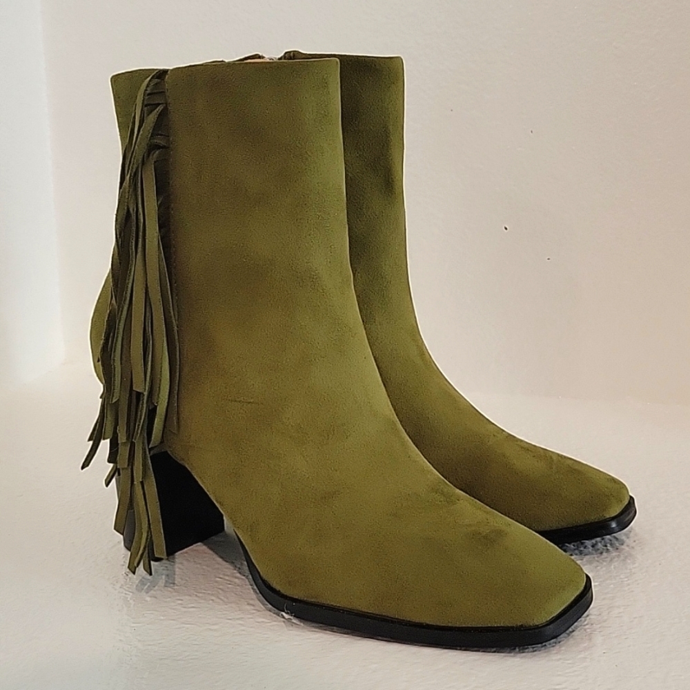 Women's Square Toe Chunky Block Heel Fringe Side Zipper Ankle Boots